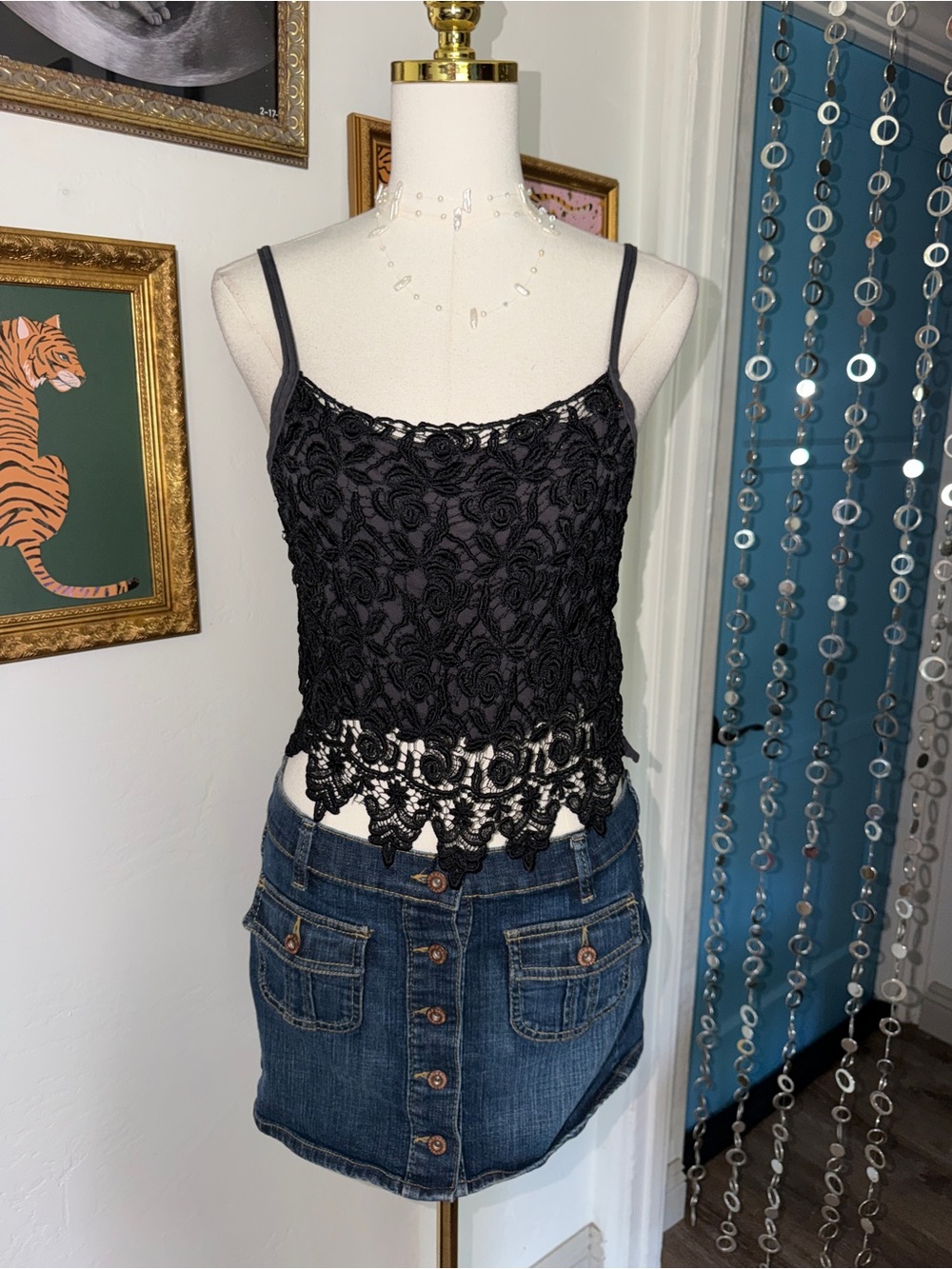 Vintage Y2K Layered Black Lace Cropped Camisole Top